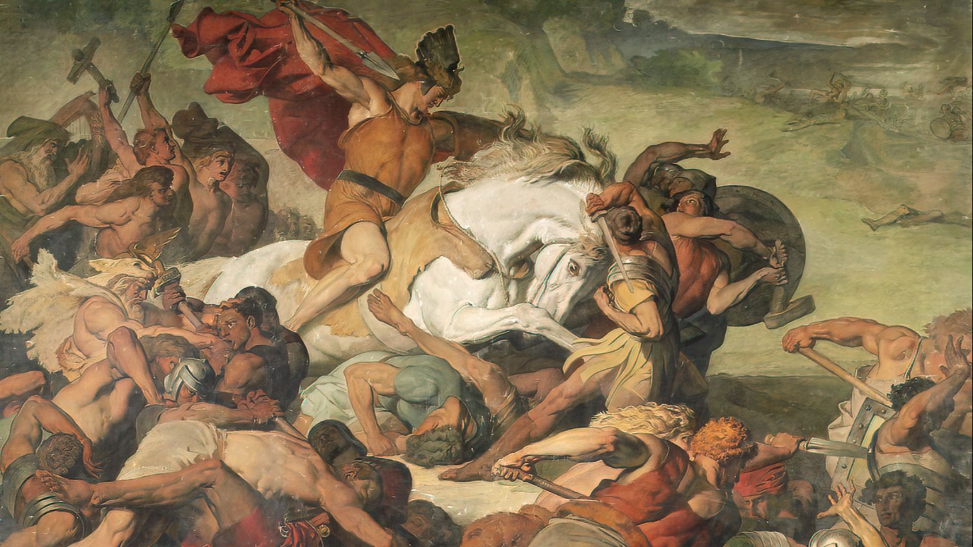 File:Hermann (Arminius) at the battle of the Teutoburg Forest in 9 CE by Peter Jannsen, 1873, with painting creases and damage removed.jpg