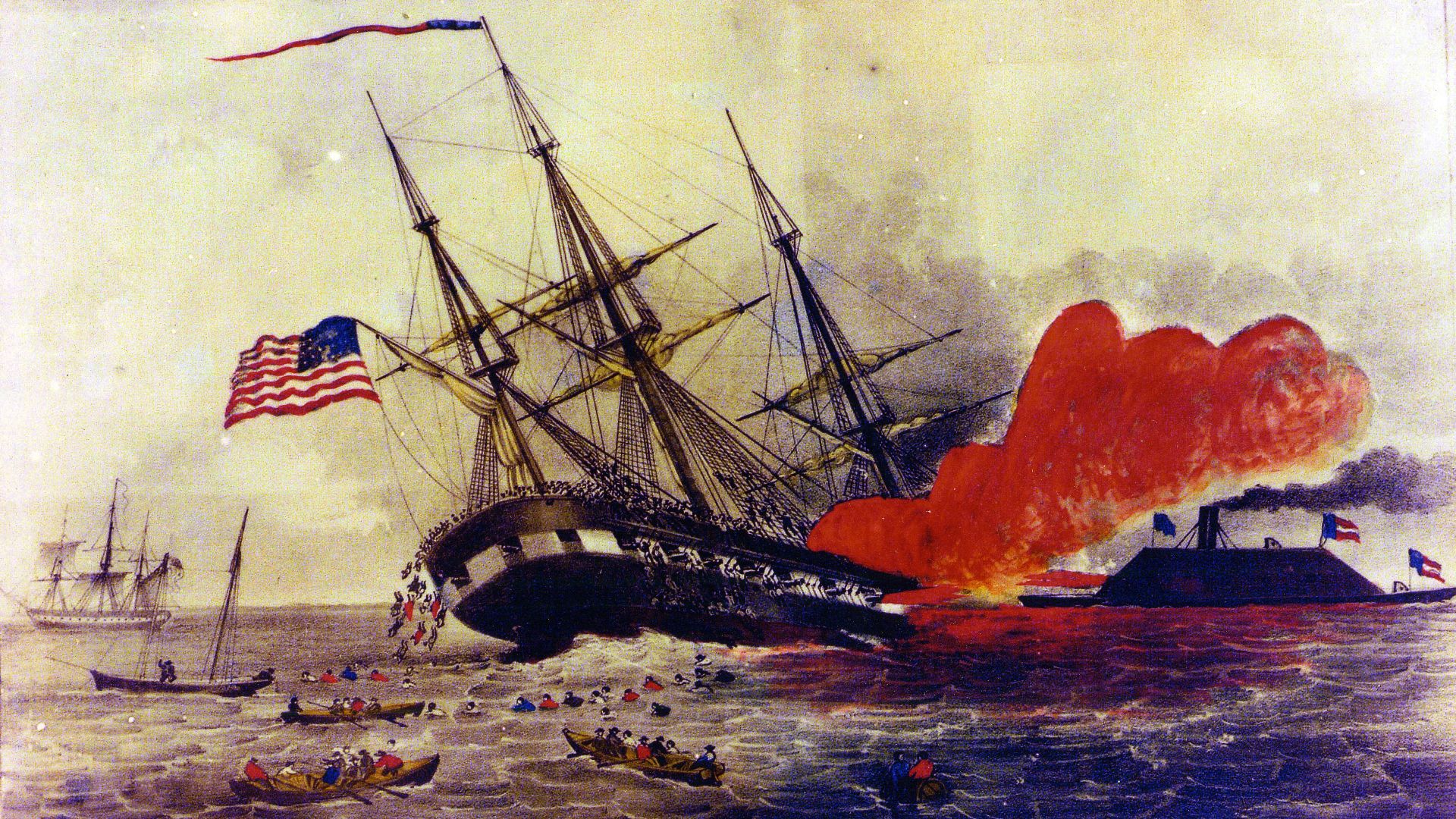 Confederate Ironclad sinking wooden union ship image - Free stock ...