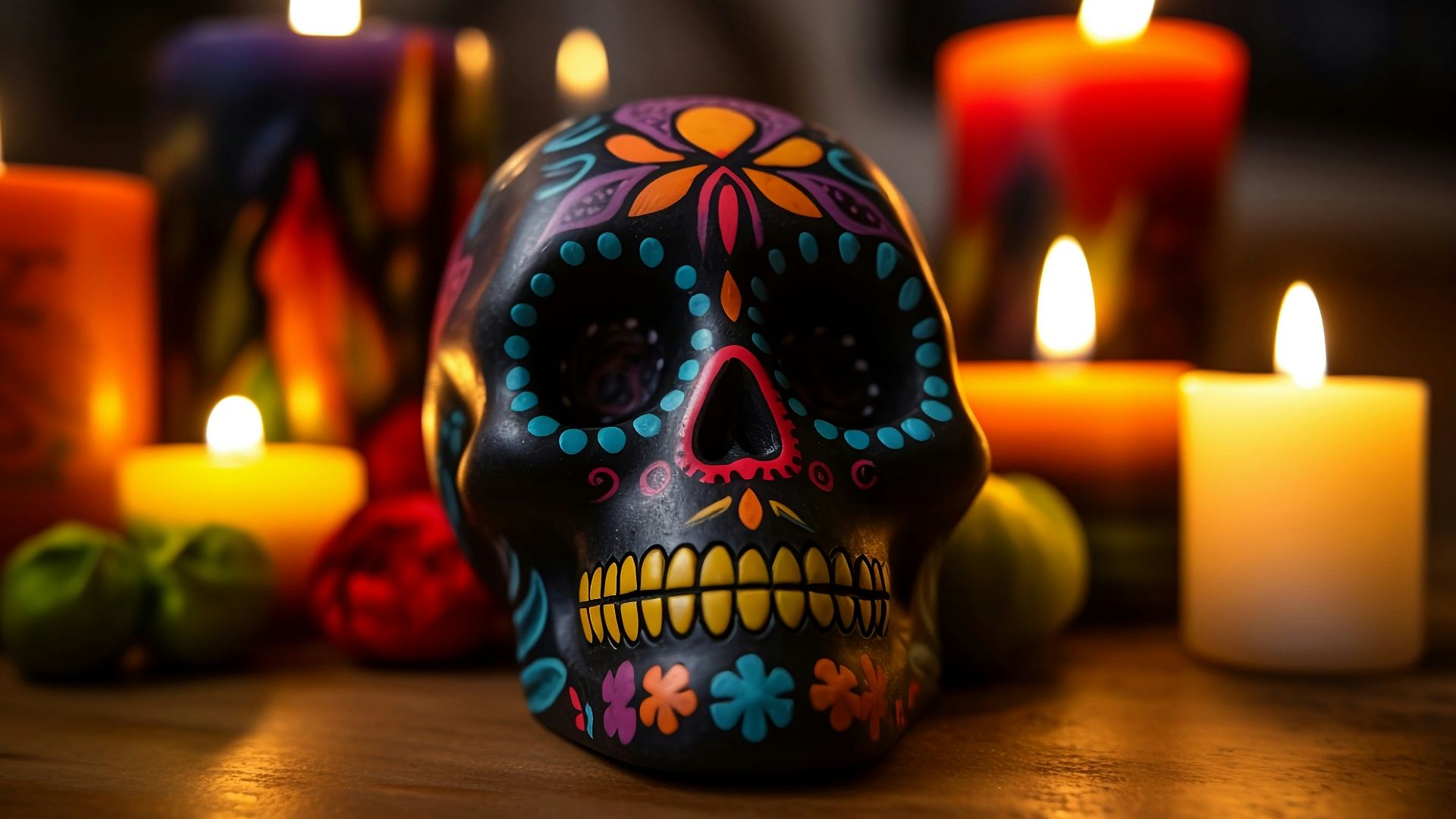 a colorful skull sitting on top of a table next to candles