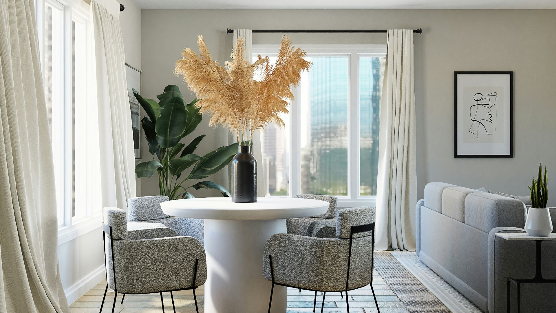 white and gray sofa chairs near white window curtain