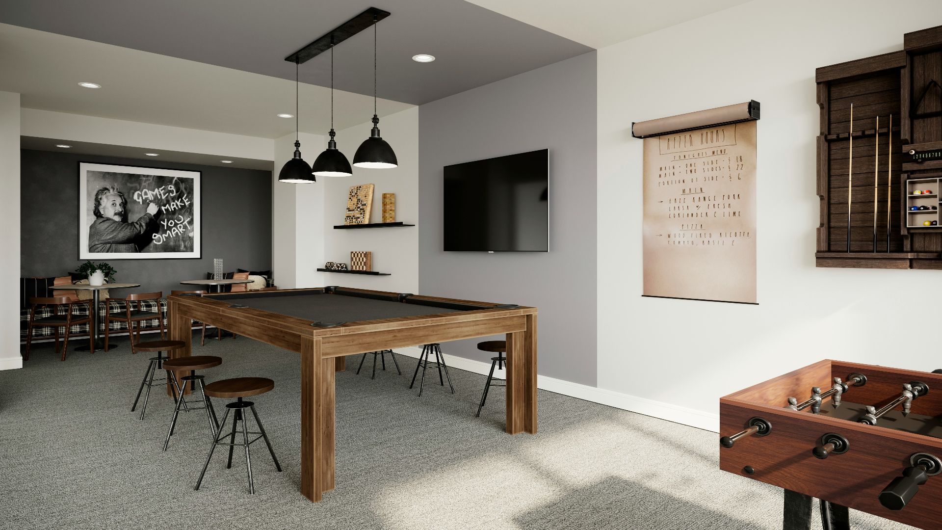 a game room with a pool table and foo foo