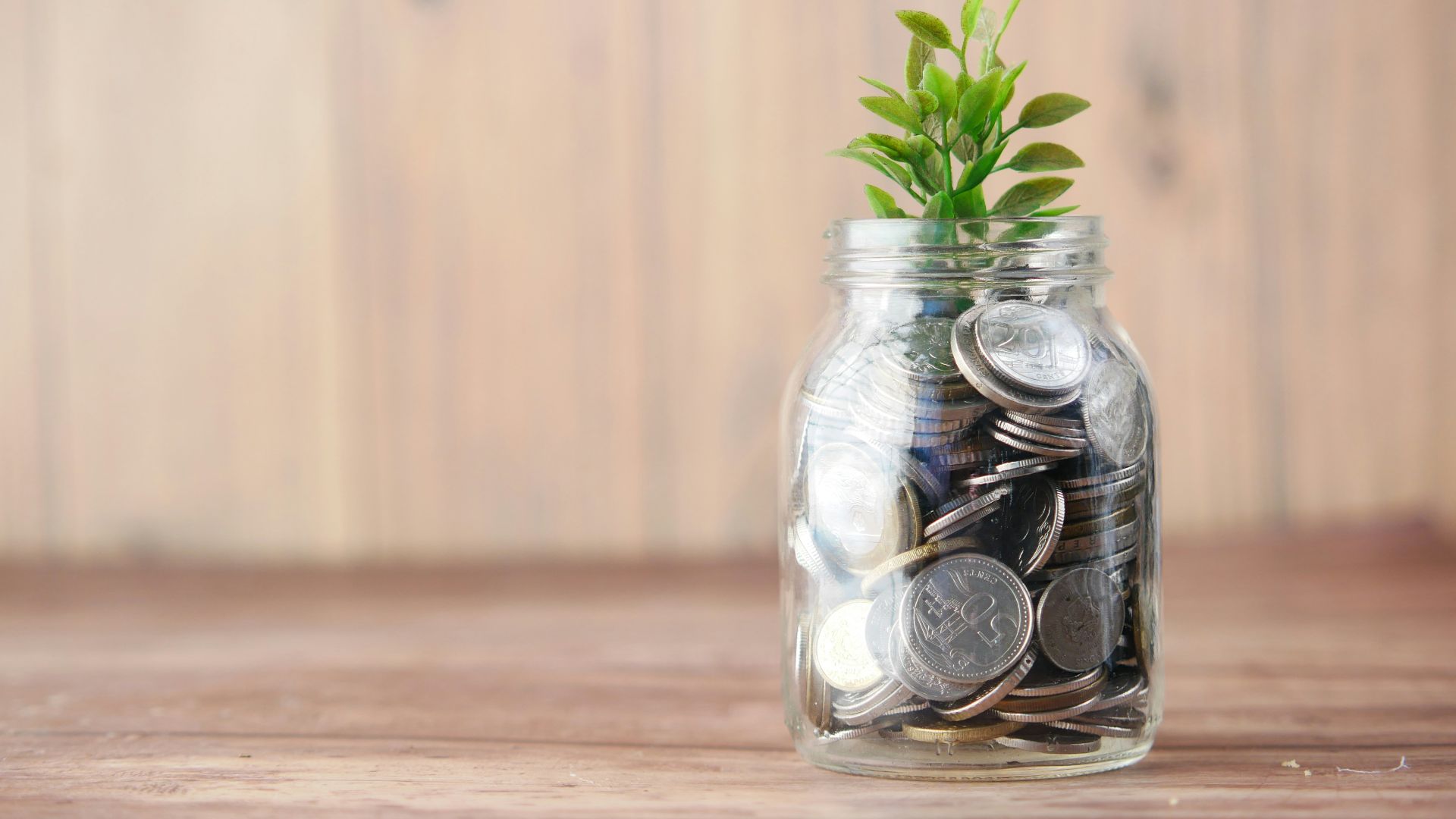 a glass jar filled with coins and a plant