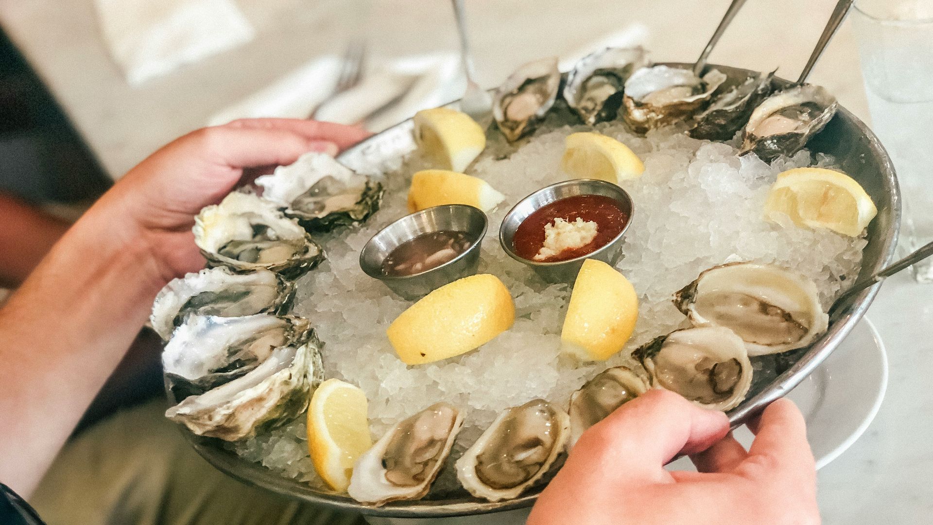person holding plate with oysters