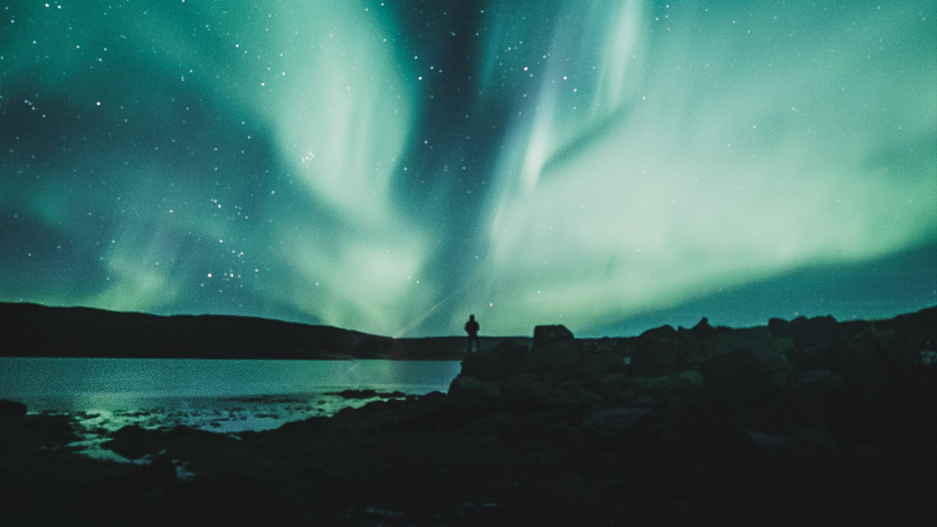 person standing near body of water during aurora northern sky
