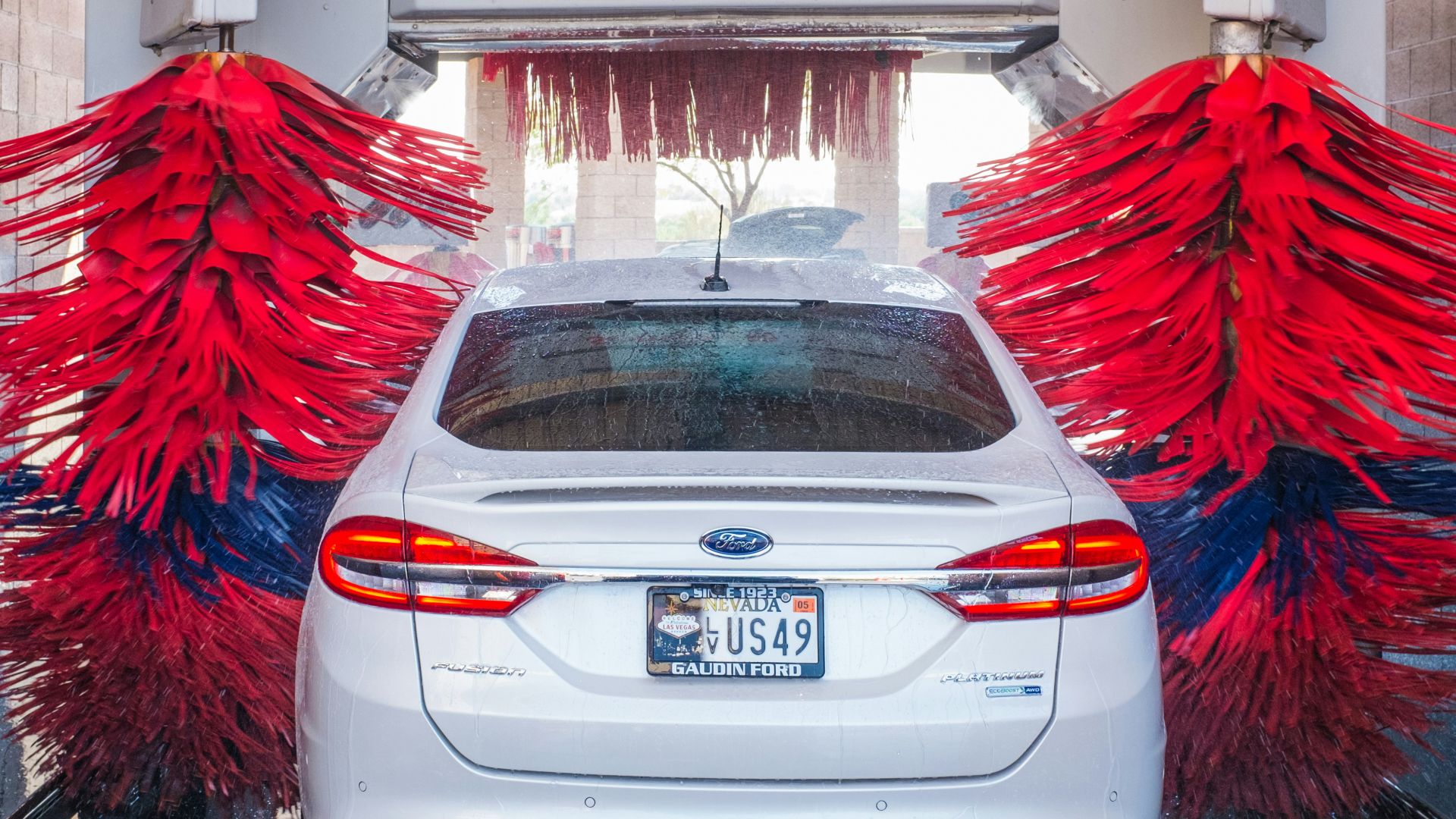 white Ford vehicle on car wash shop