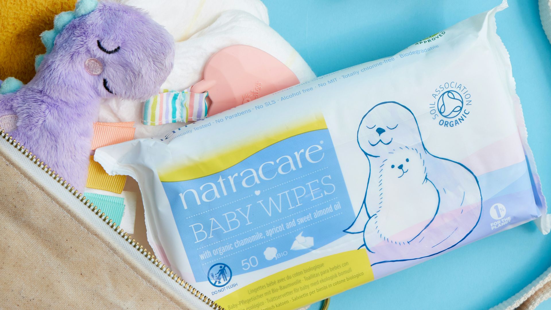 A diaper bag filled with baby items and a stuffed animal