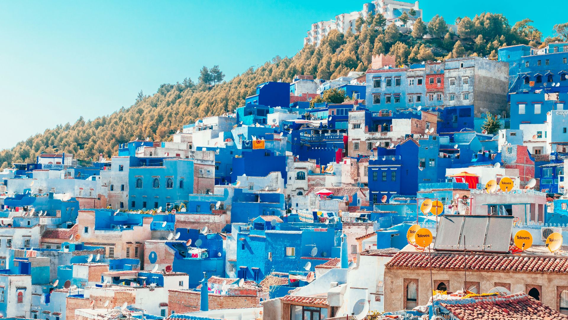 blue and white painted houses on the cliff