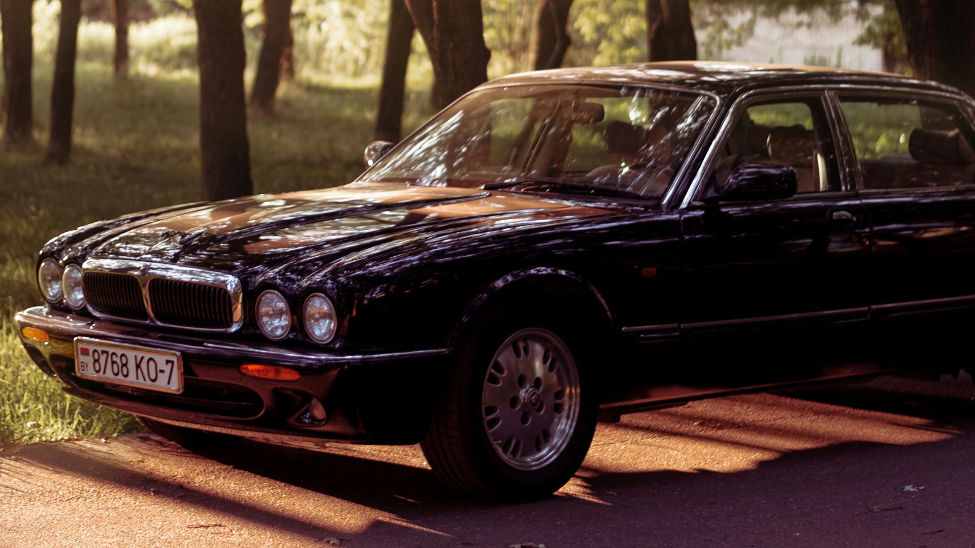a car parked on a road with trees on the side