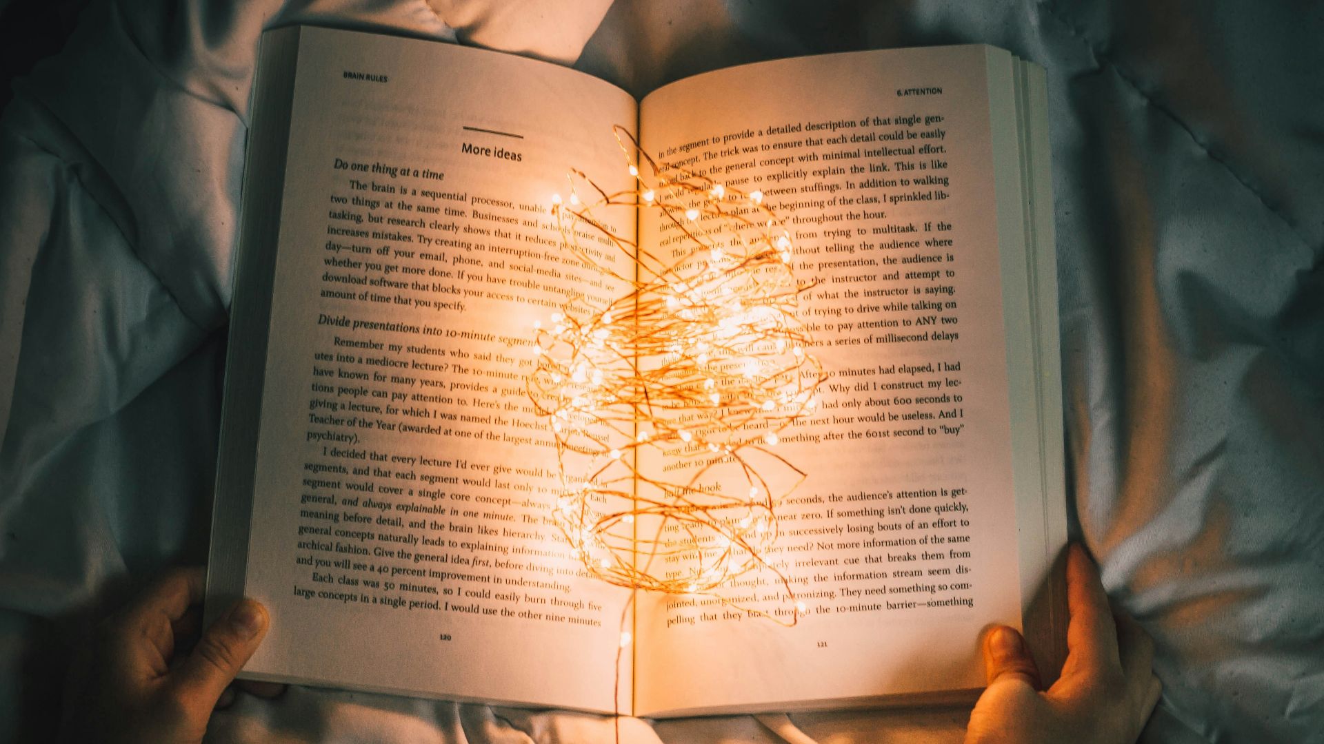 person holding string lights on opened book