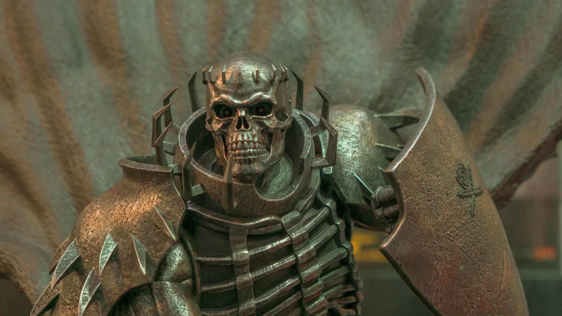 A statue of a skeleton holding a sword