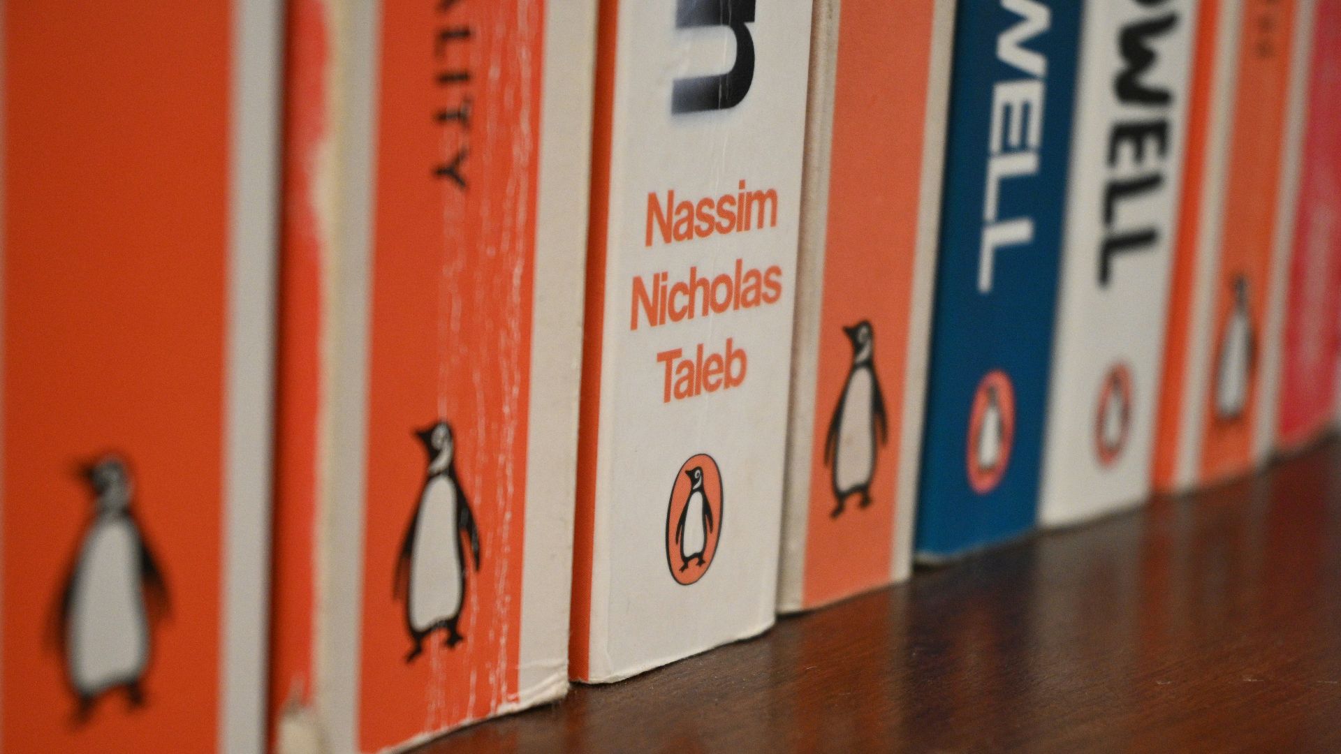 a row of books sitting on top of a wooden table