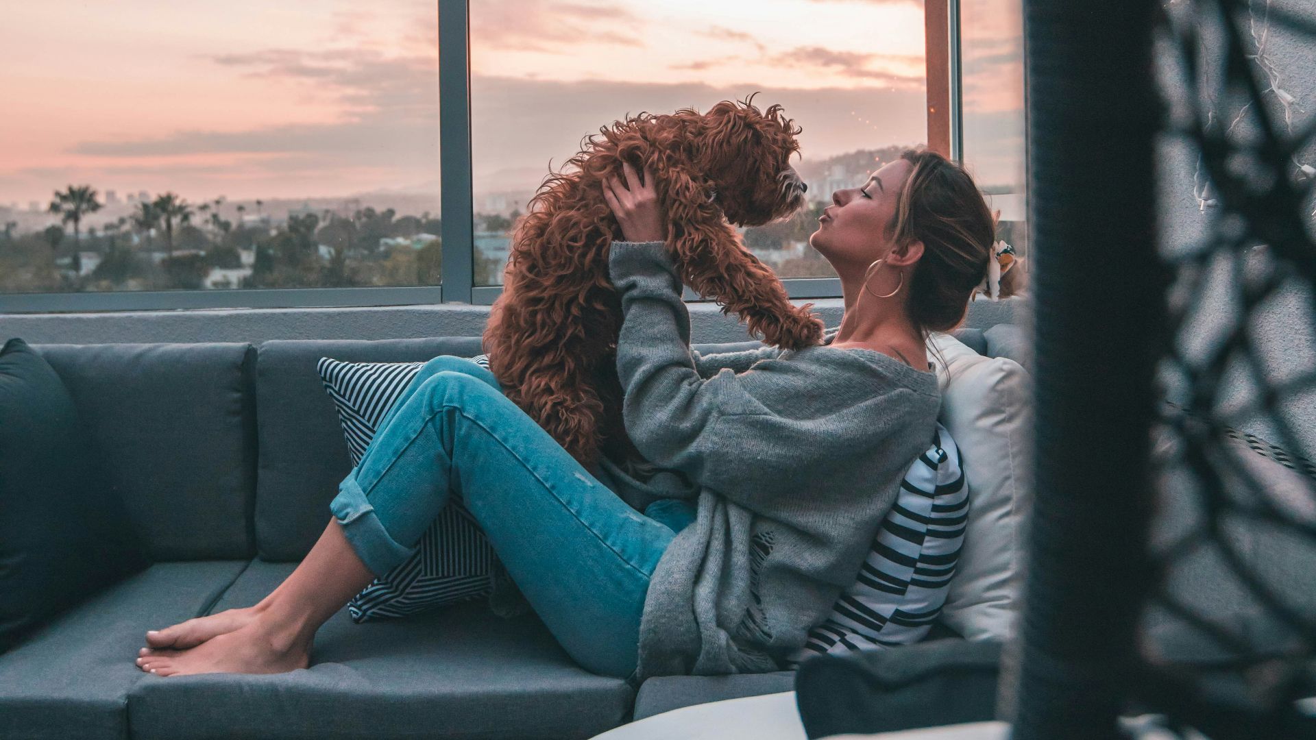 woman holding dog while sitting on sofa