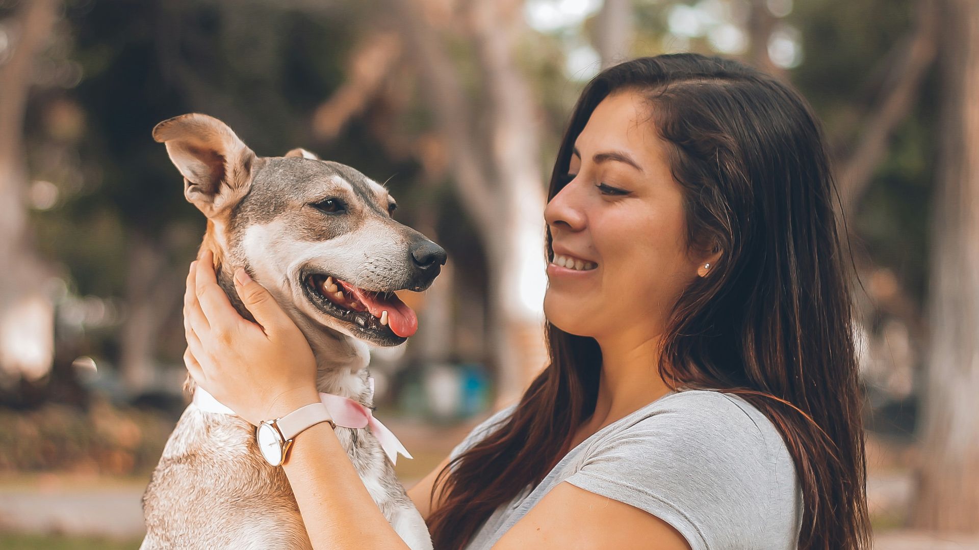 woman playing with dog