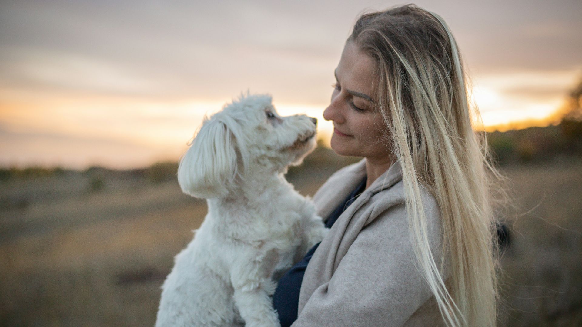 a woman holding a white dog in a field