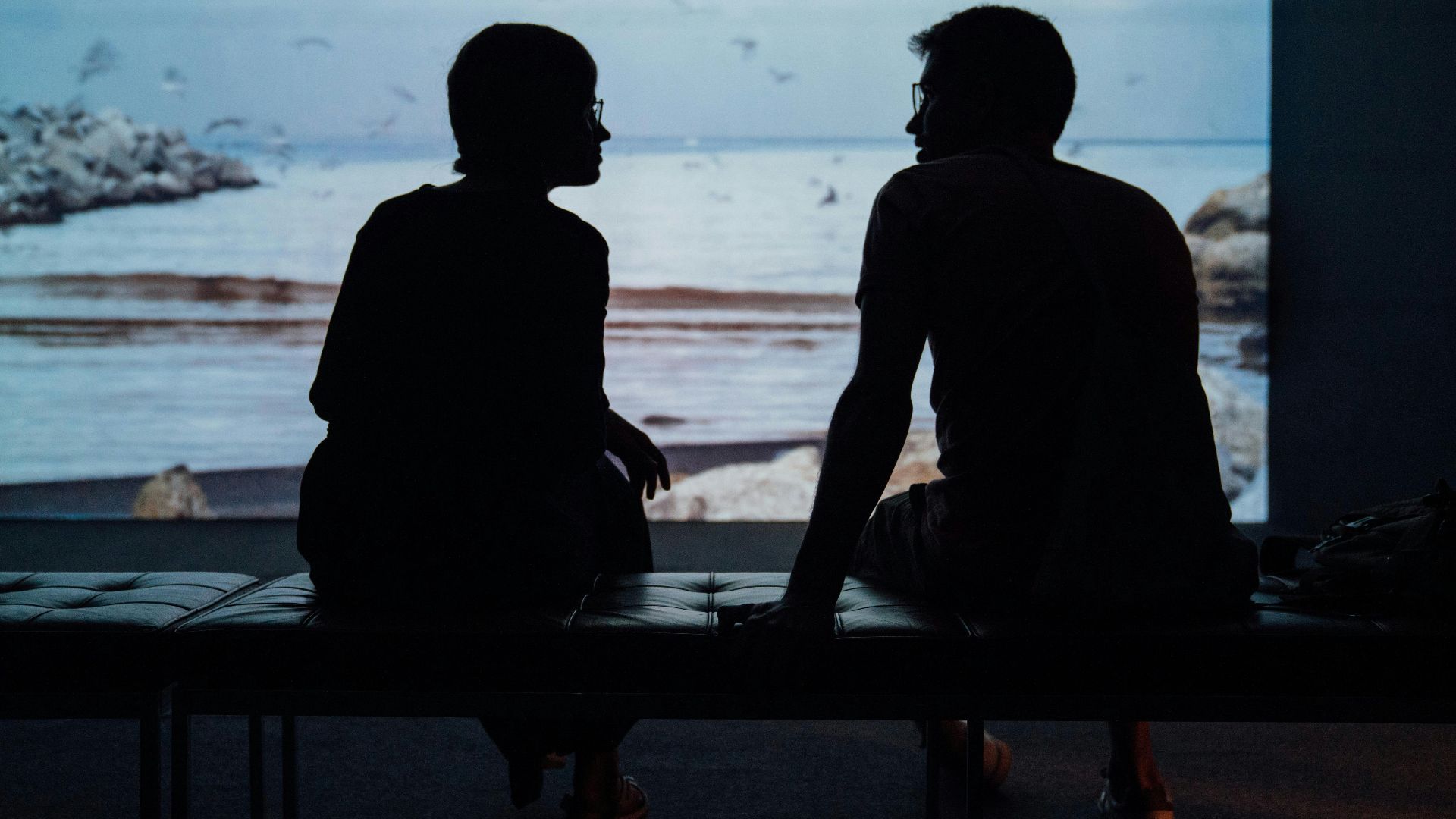silhouette of man and woman sitting on ottoman