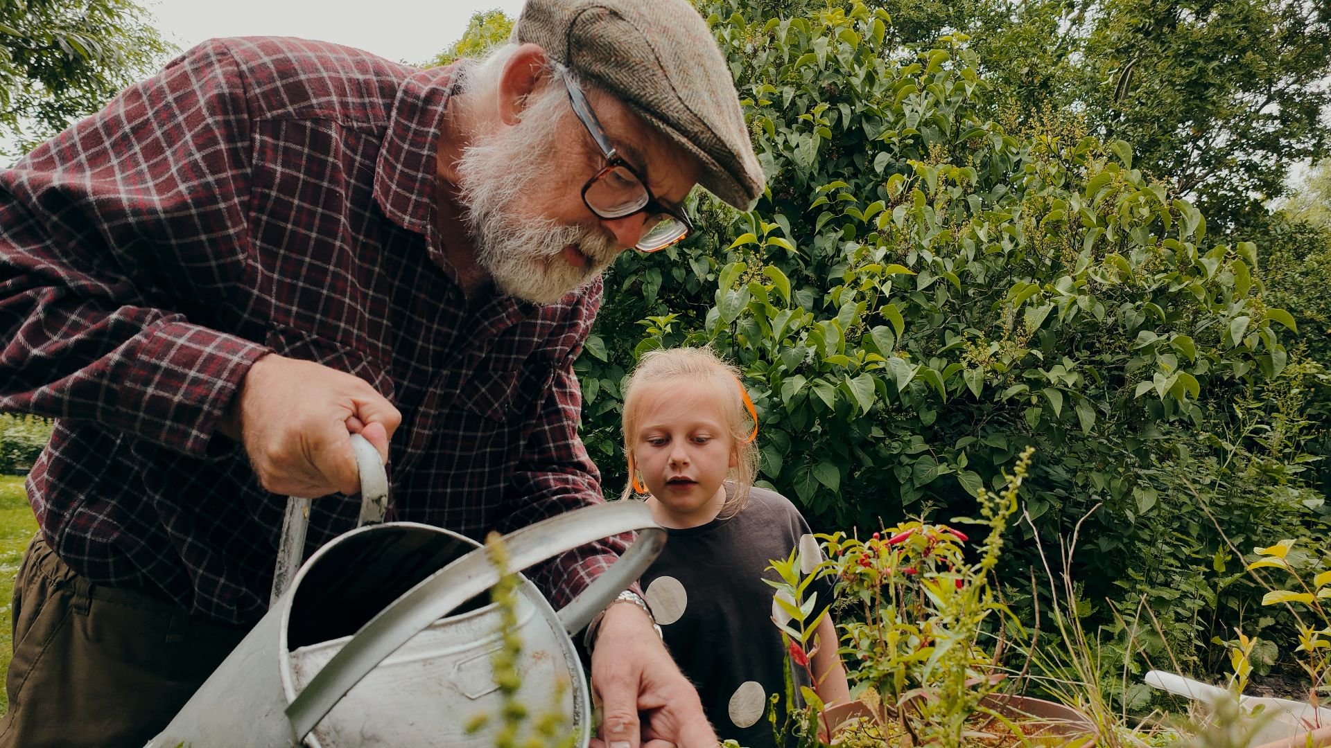 a man and a child looking at a plant