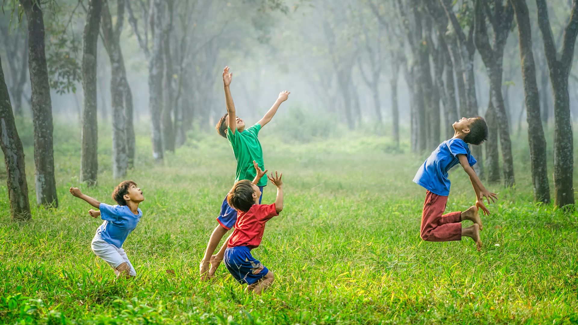 four boy playing ball on green grass