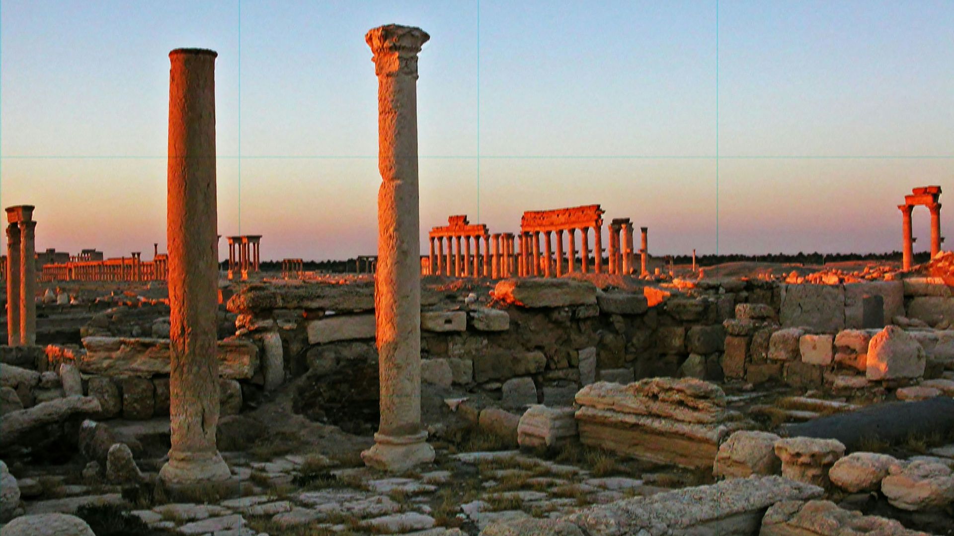 The ruins of a roman city at sunset