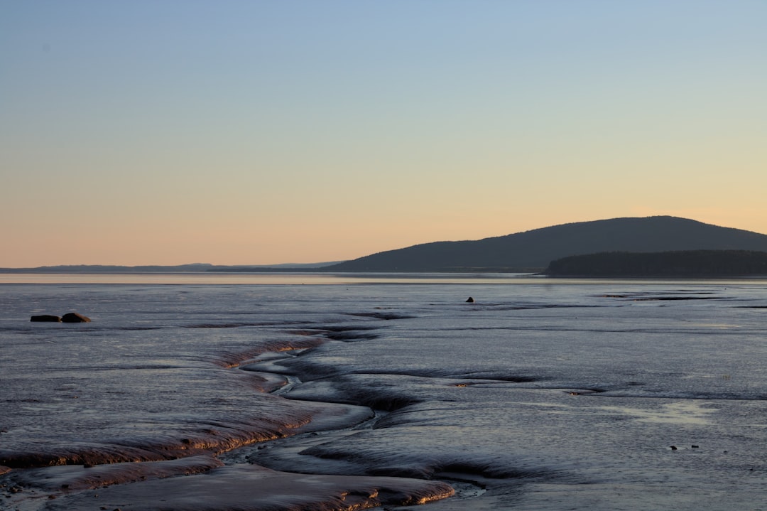 a body of water with rocks and a beach with hills in the background