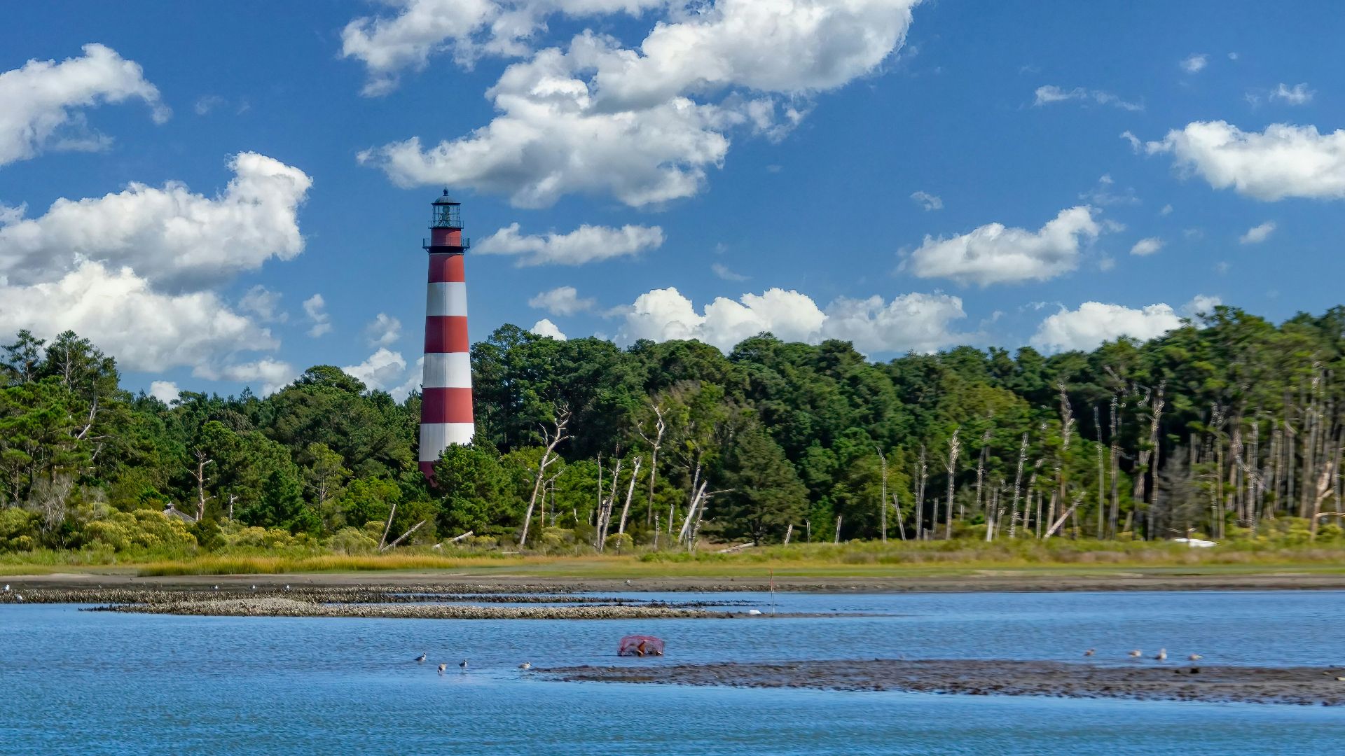 a large body of water with a light house in the background