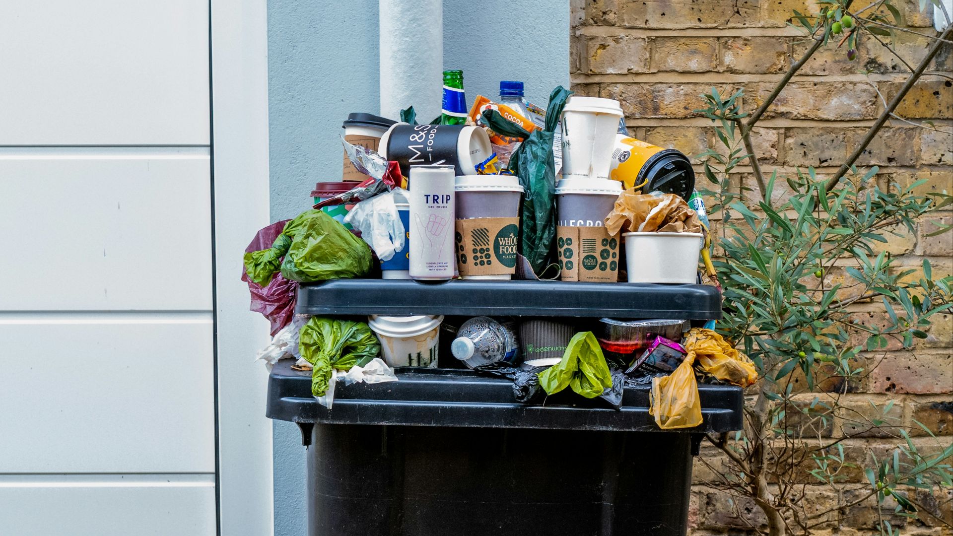 black trash bin with green leaves