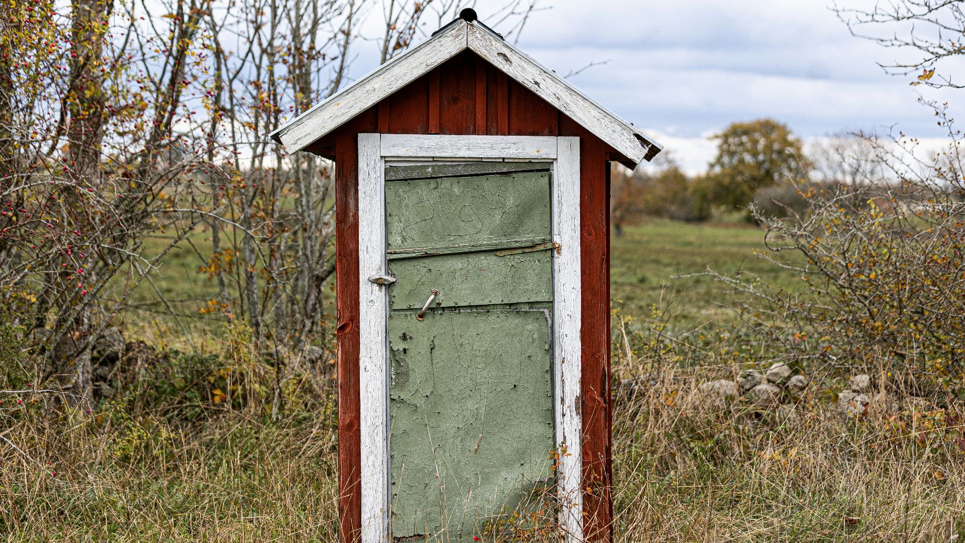 an outhouse in the middle of a grassy field