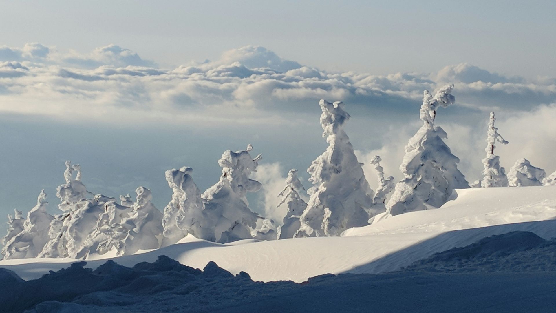 a person on skis standing on top of a snow covered mountain