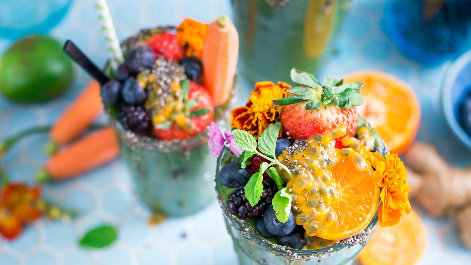 tilt shift lens photography of fruits in drinking glass