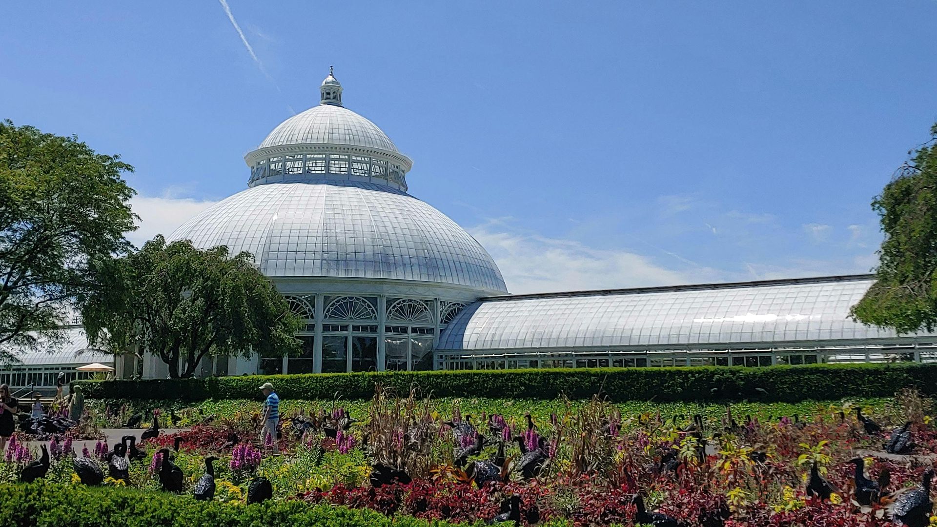 a large white building surrounded by trees and flowers