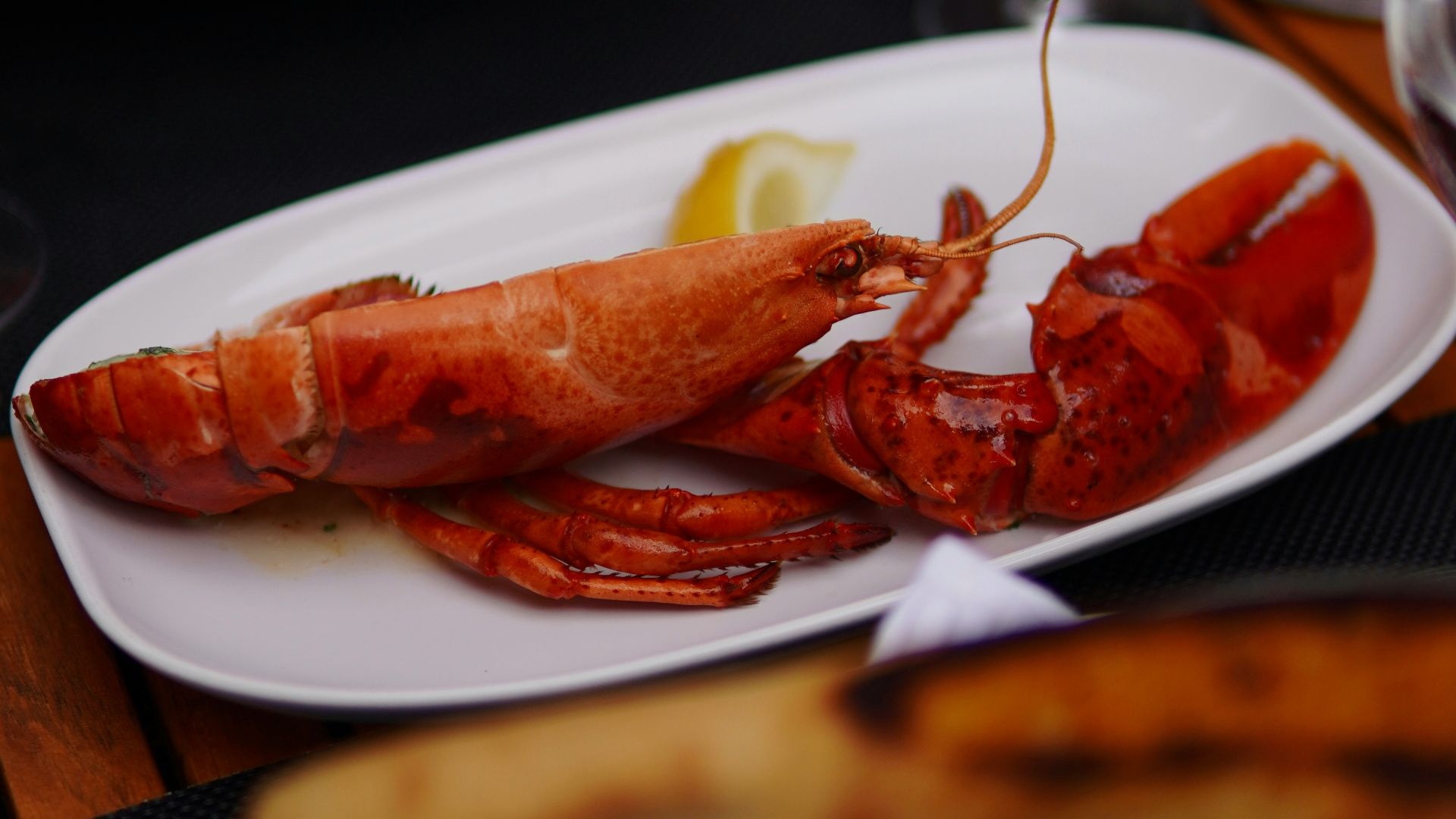 a lobster is on a white plate on a table