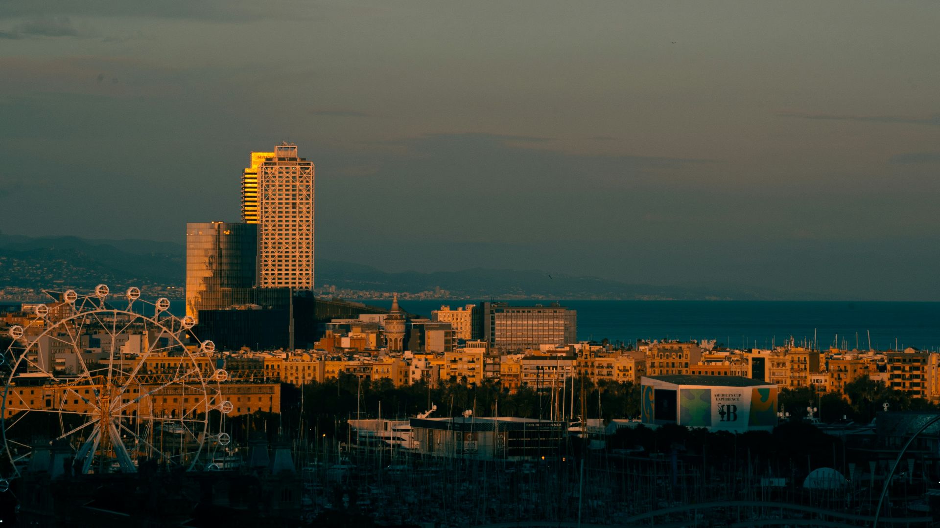 A view of a city with a ferris wheel in the foreground