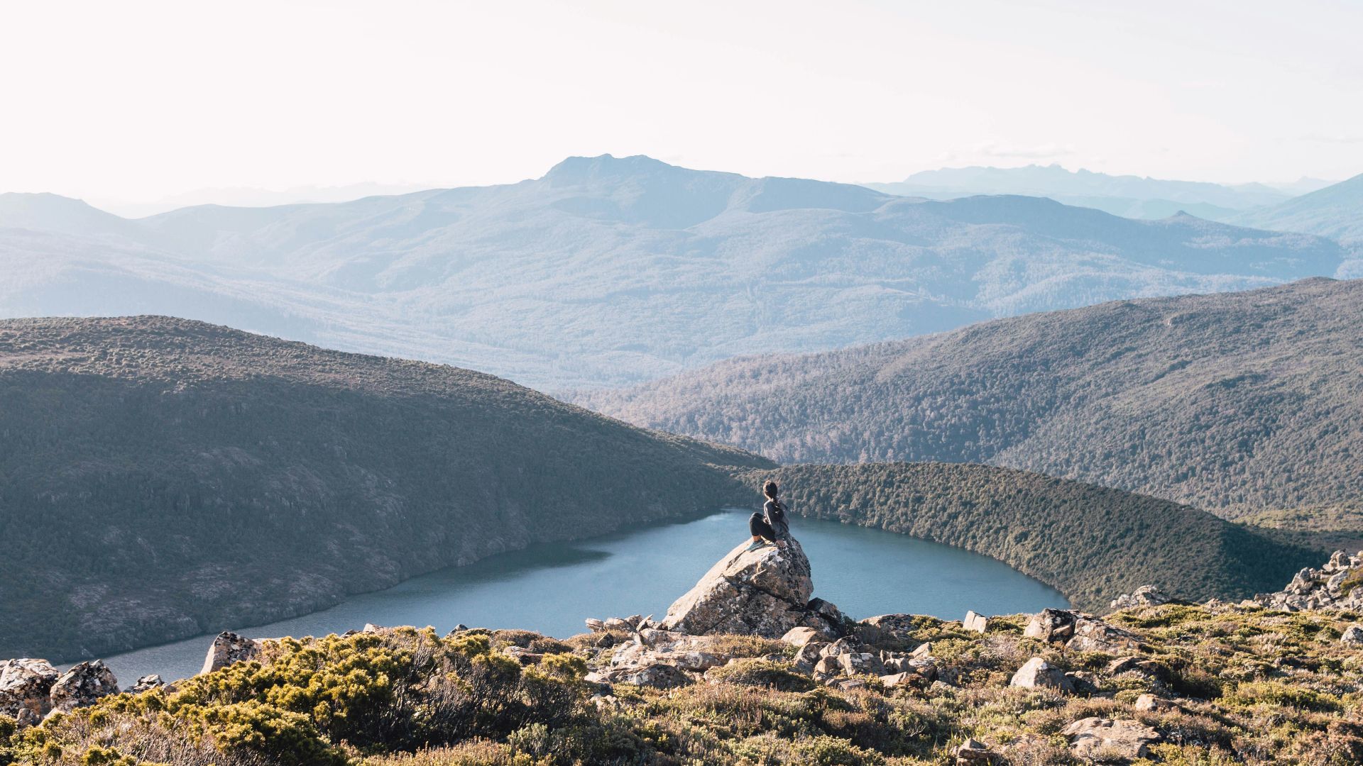 person sitting on brown rock in front of body of water