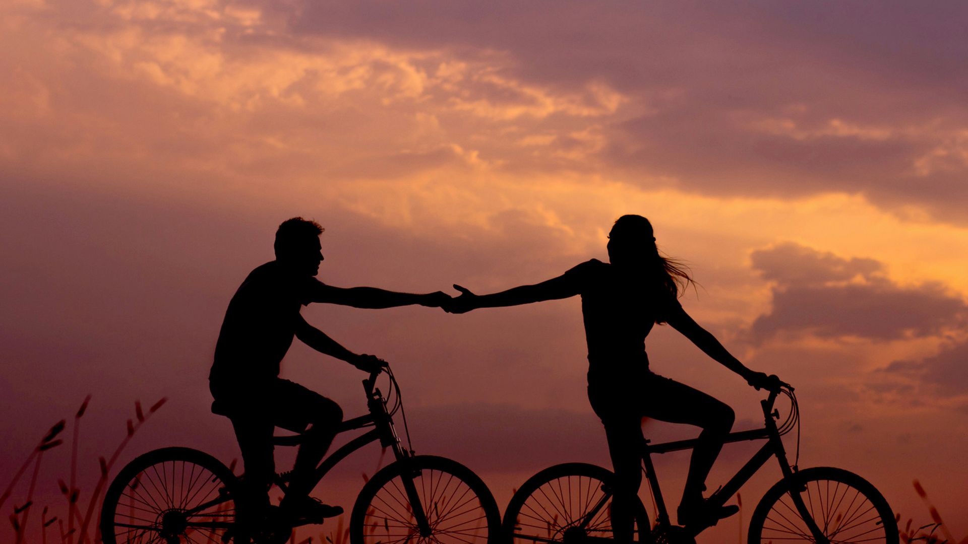 woman on bike reaching for man's hand behind her also on bike