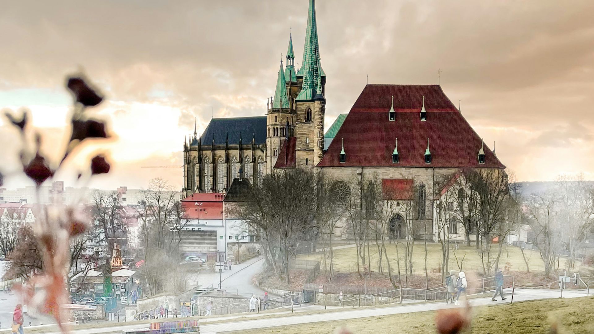 a view of a church from across a field
