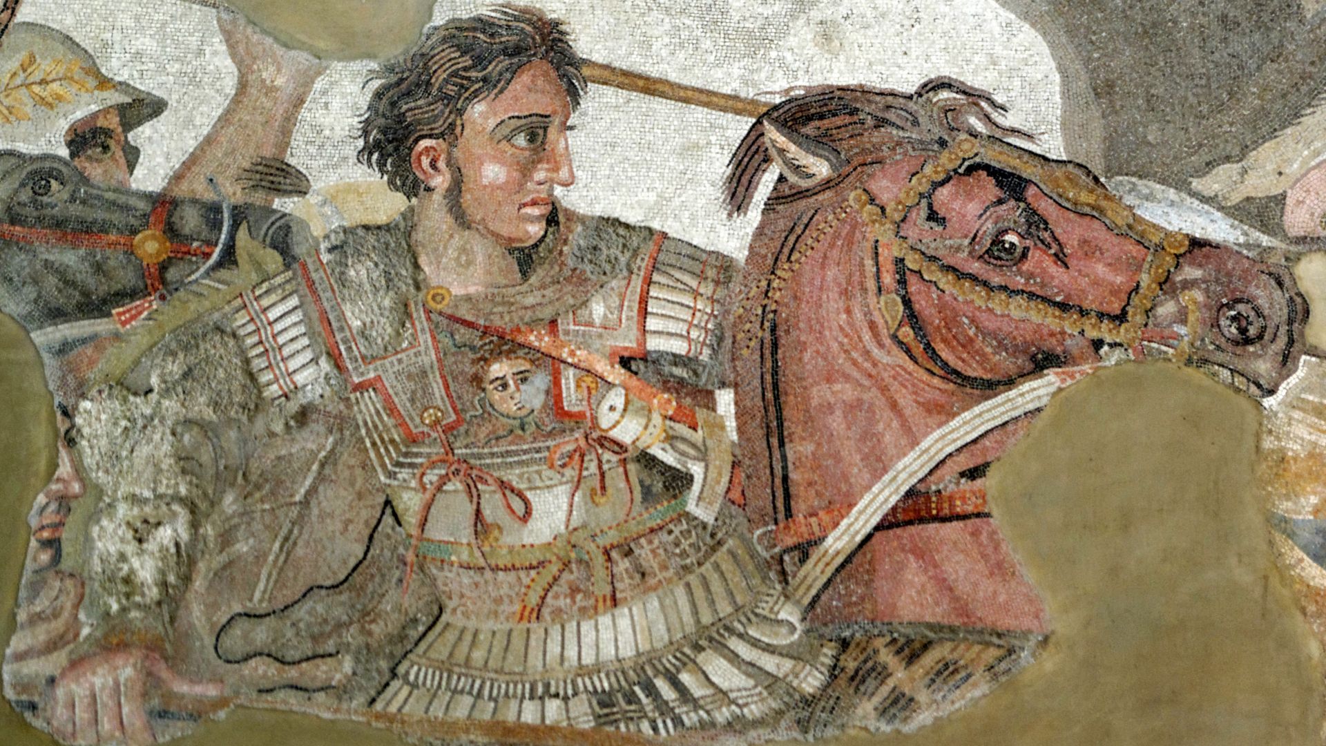 File:Alexander and Bucephalus - Battle of Issus mosaic - Museo Archeologico Nazionale - Naples BW.jpg