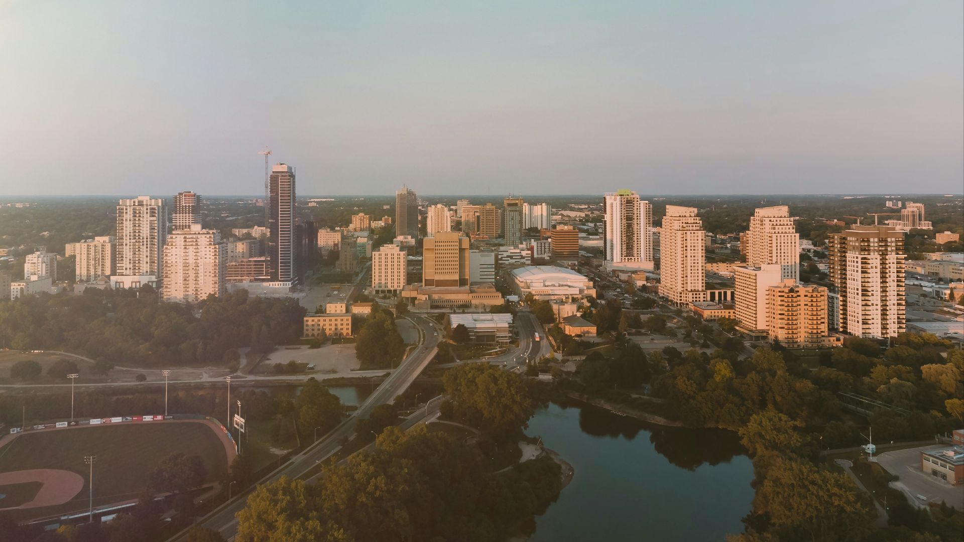 An aerial view of a city with a river running through it