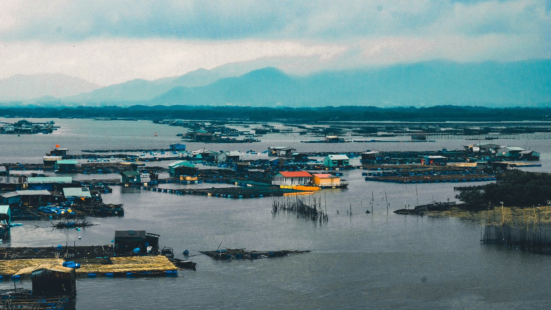 houses surrounded with water under cloudy sky