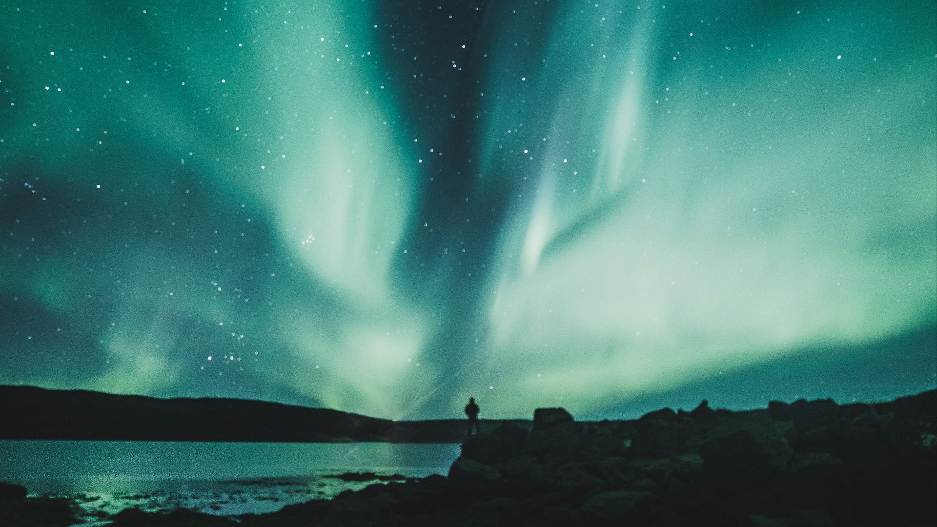 person standing near body of water during aurora northern sky