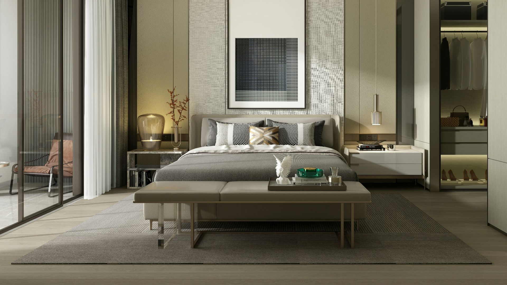 gray bed in bedroom