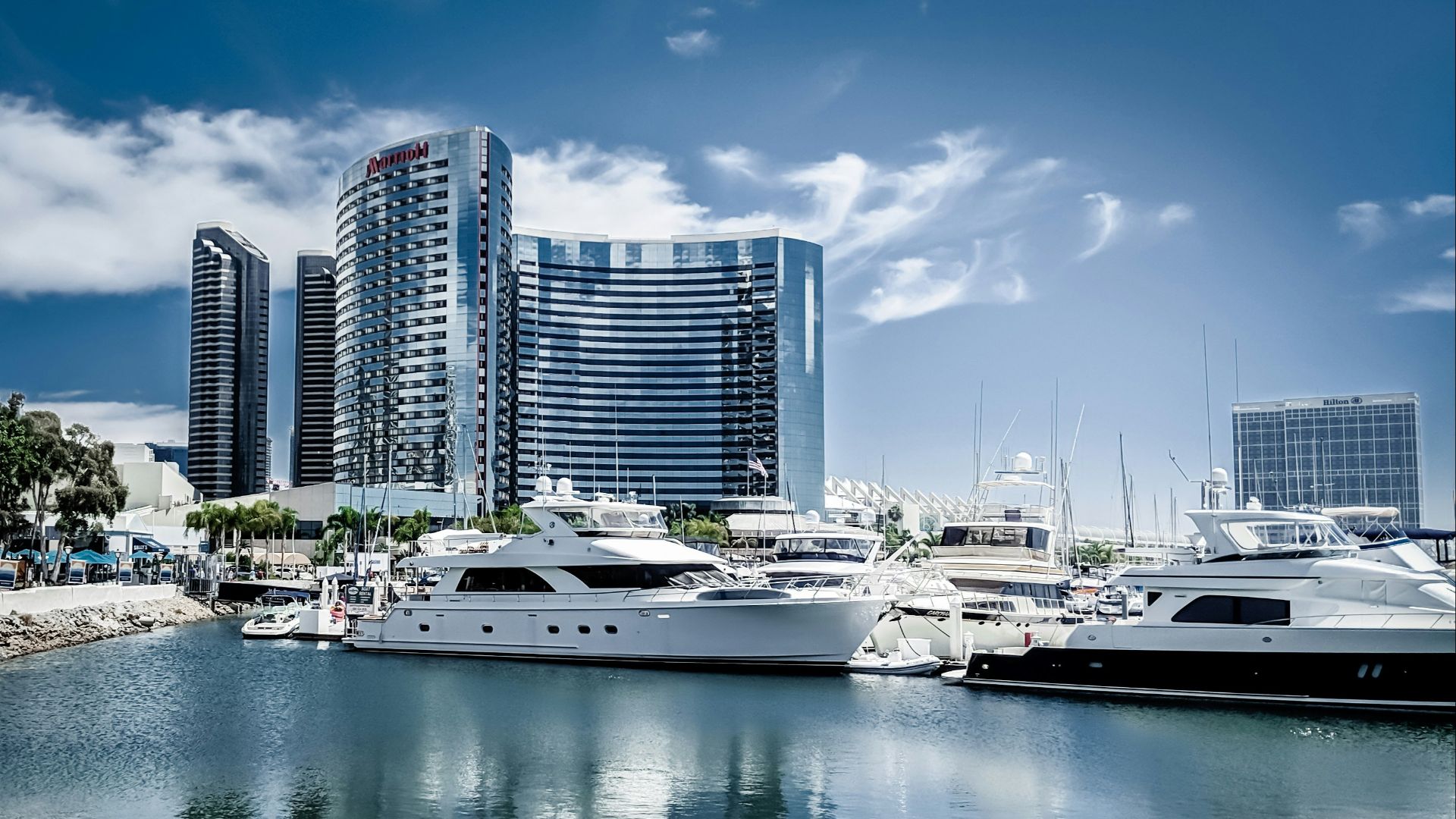 a marina filled with lots of boats next to tall buildings