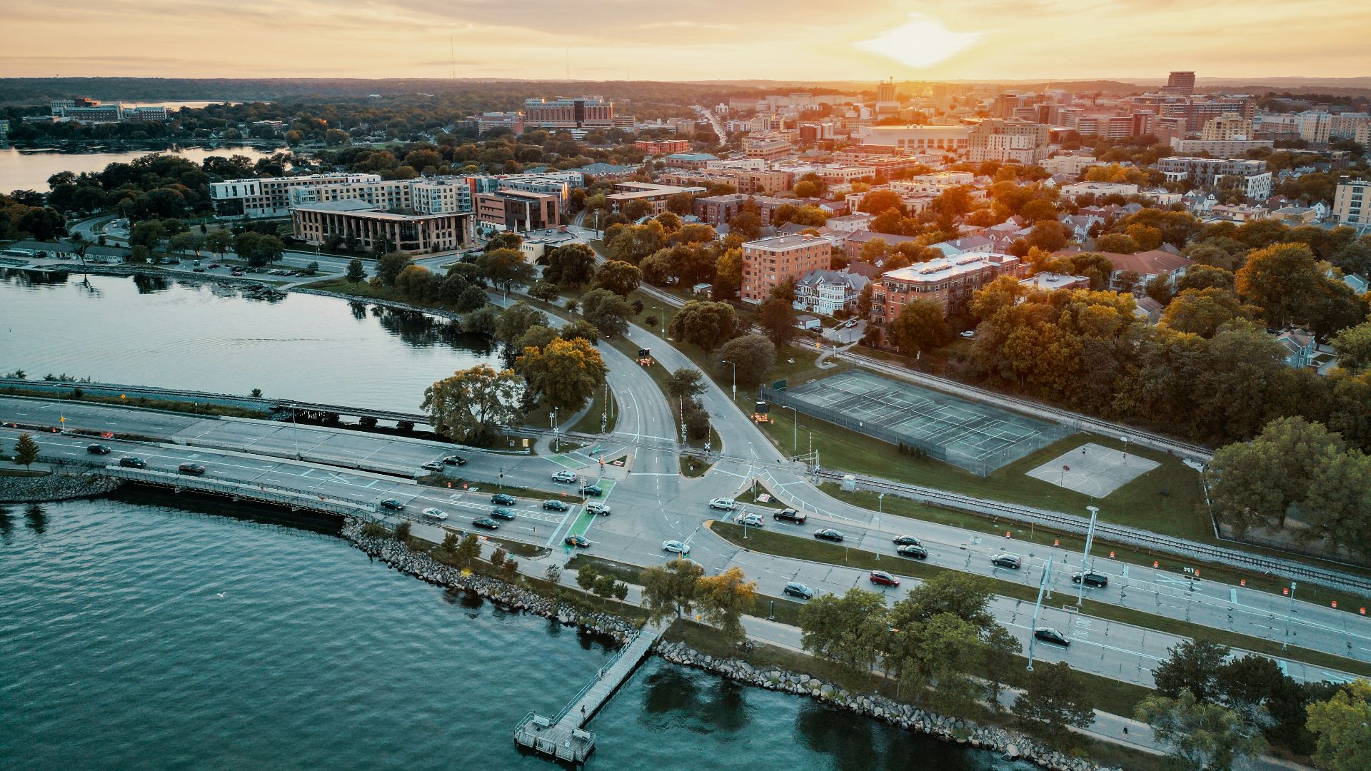 a city next to a body of water