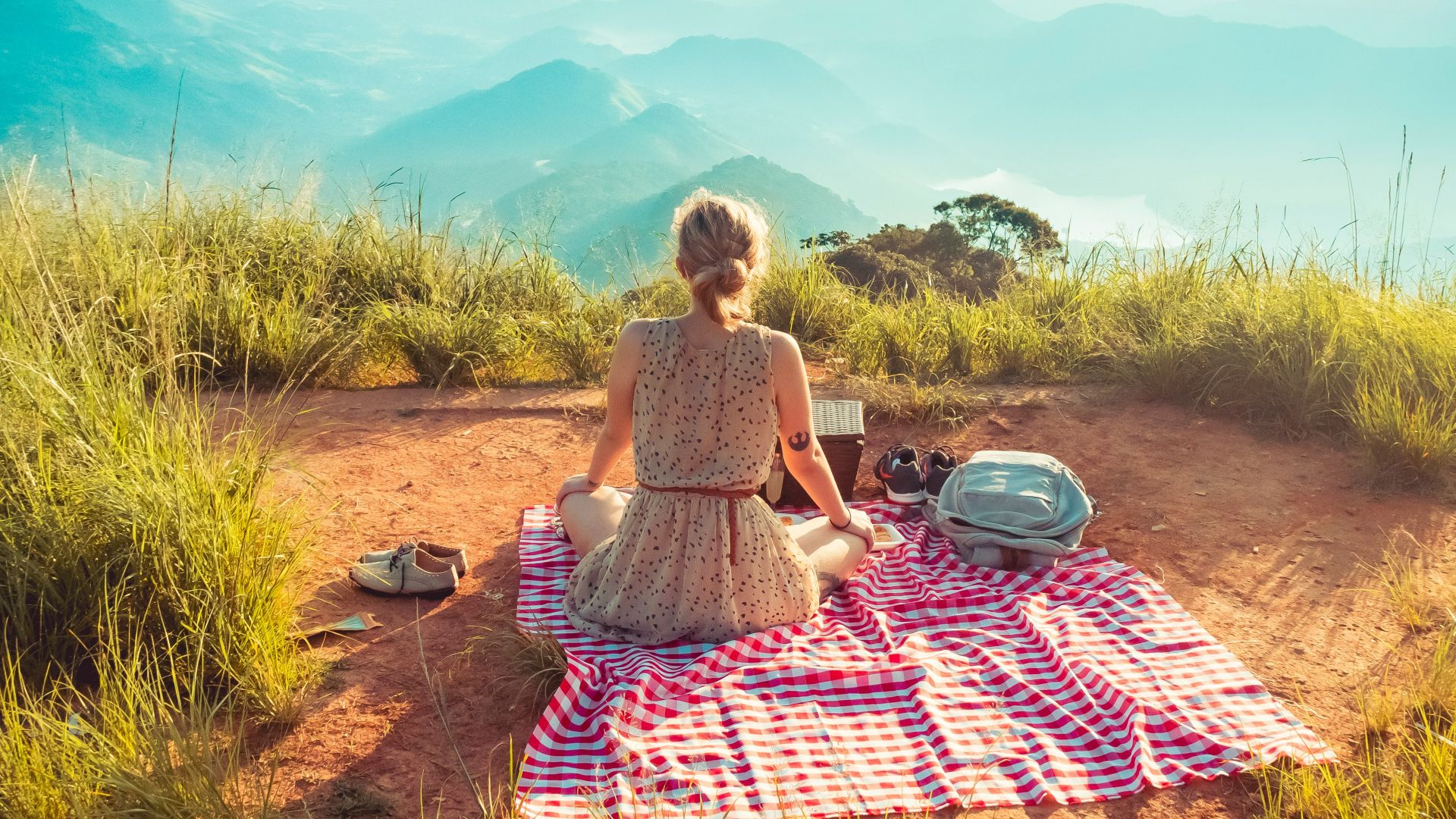 woman wearing gray sleeveless dress sitting on the picnic mat