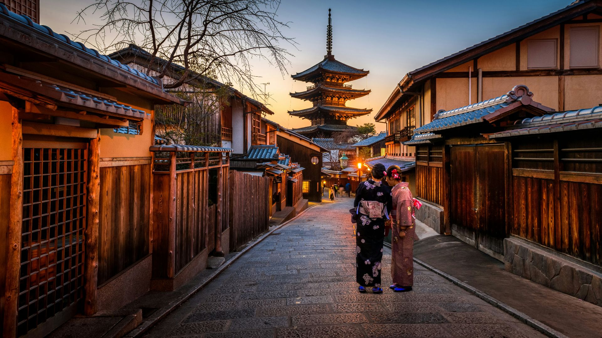 two women in purple and pink kimono standing on street