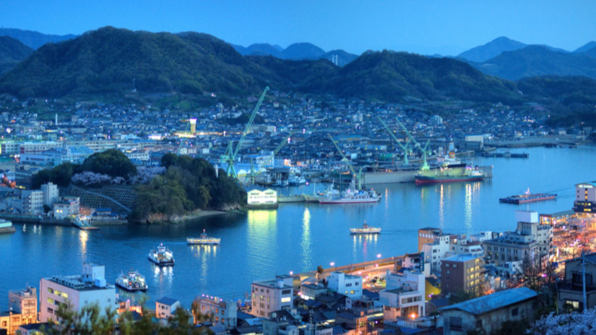 File:Landscape view of Onomichi city and Onomichi Channel at night. Hanami (Sakura blooming season). Hiroshima Prefecture. Japan.jpg