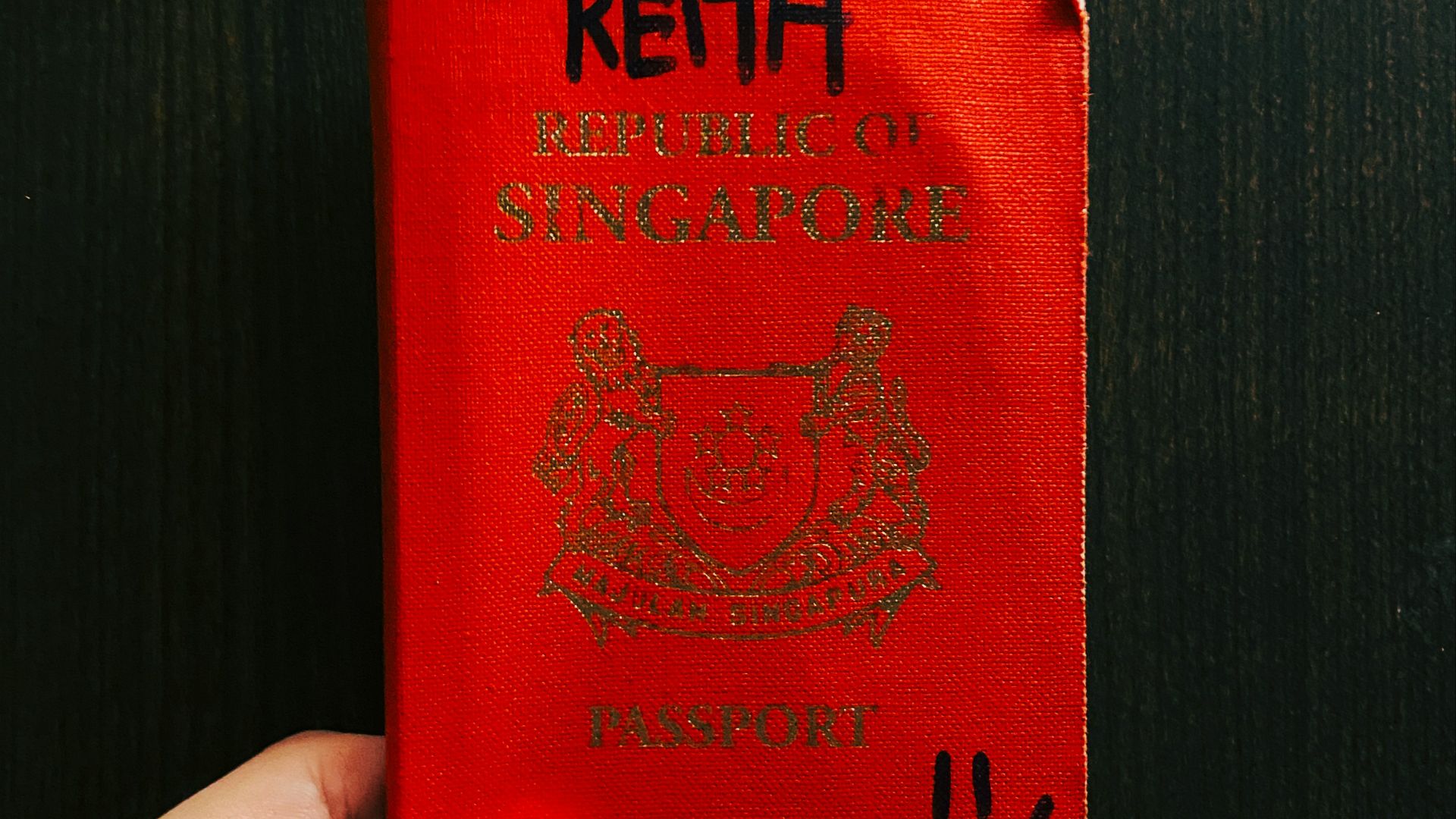 person holding red and white book