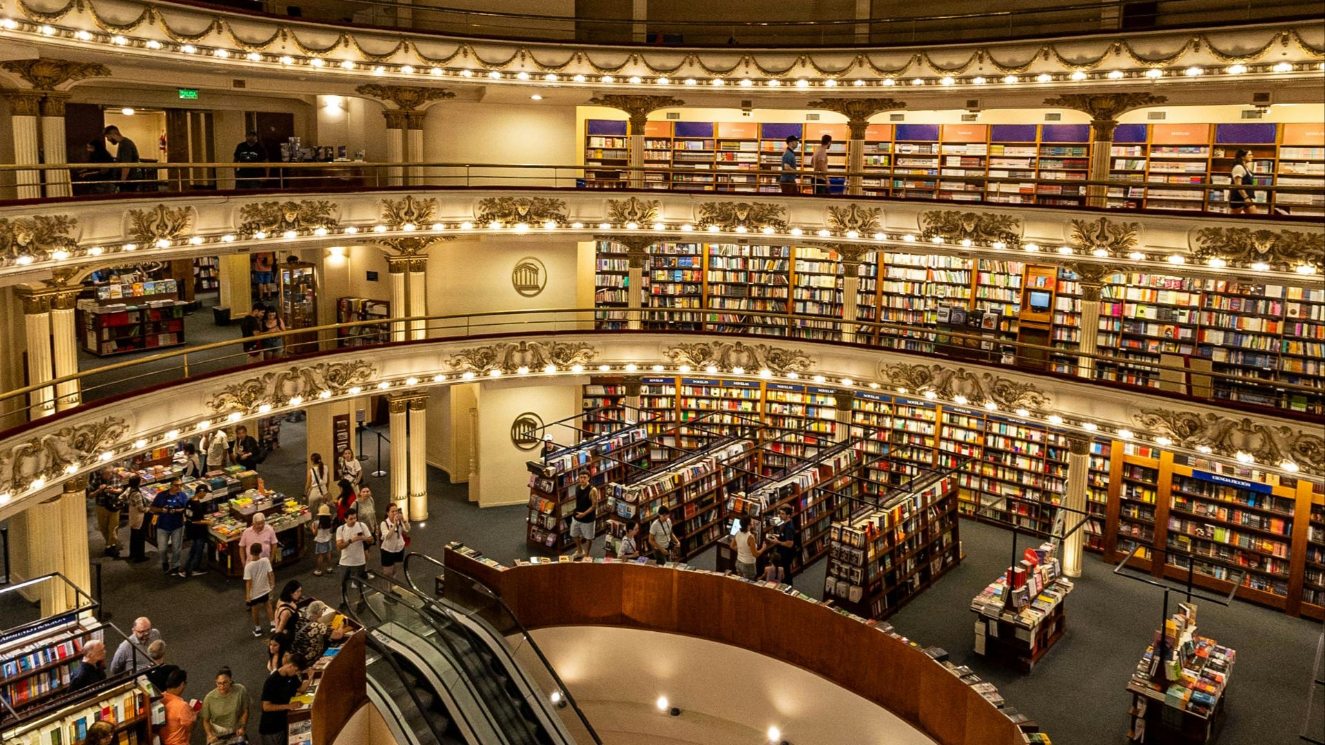 A beautiful bookstore with multiple levels.
