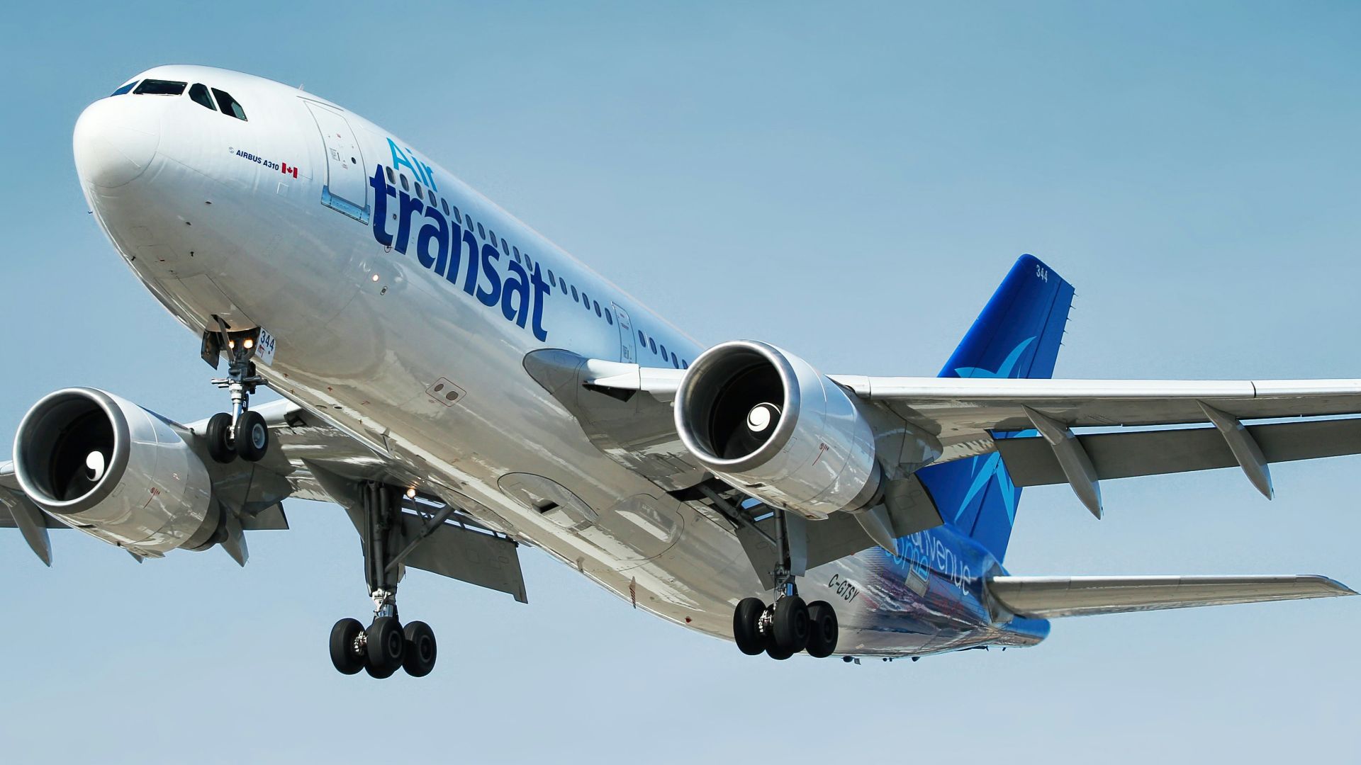 photo of gray and blue Transat airplane