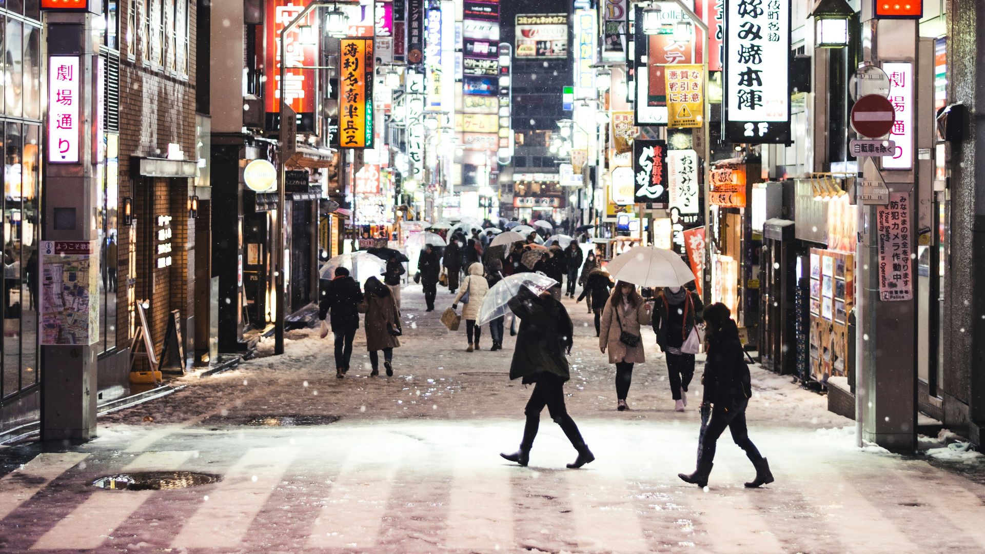 people walking on streets at night