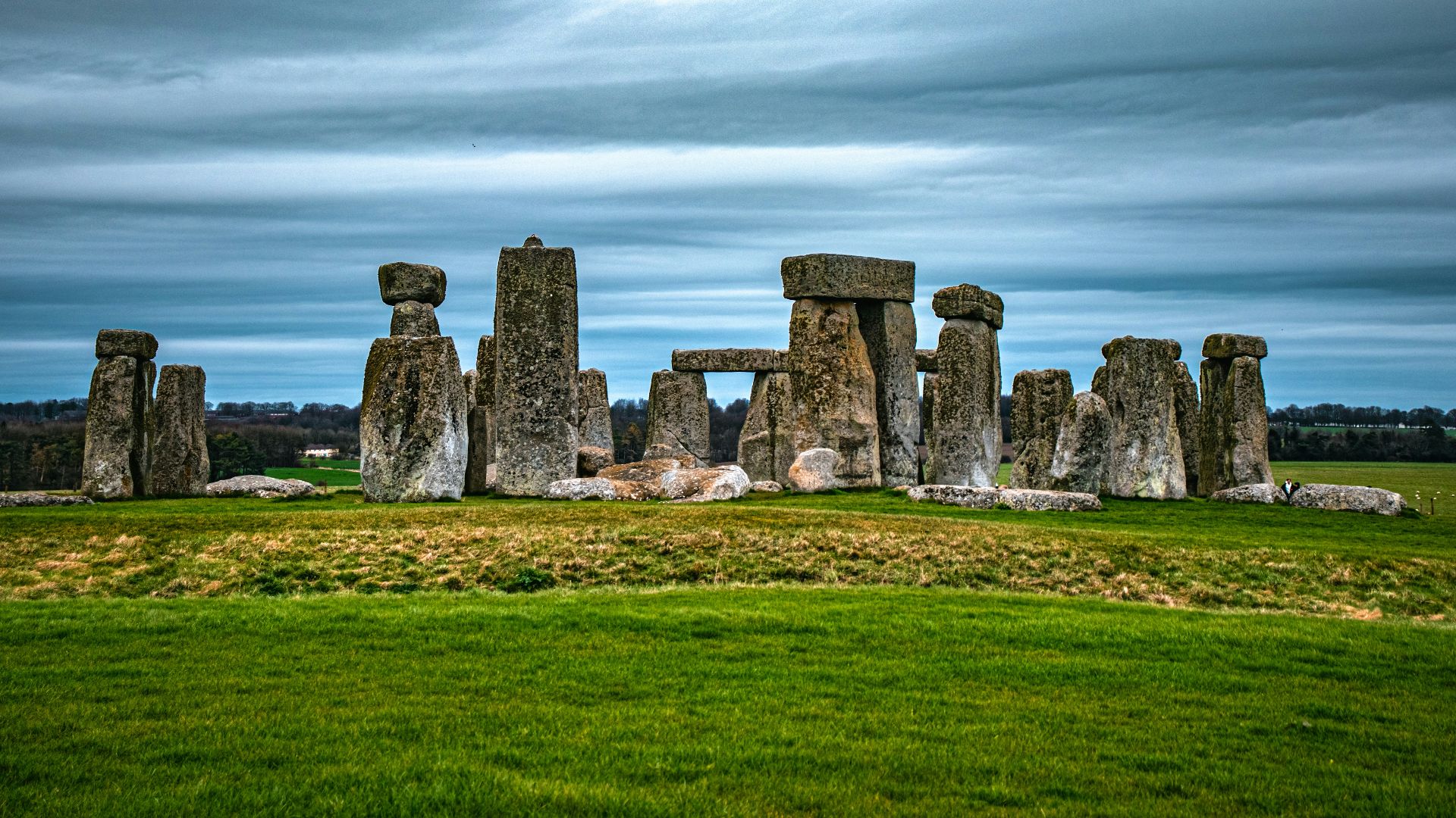 a group of stonehenge standing in a grassy field