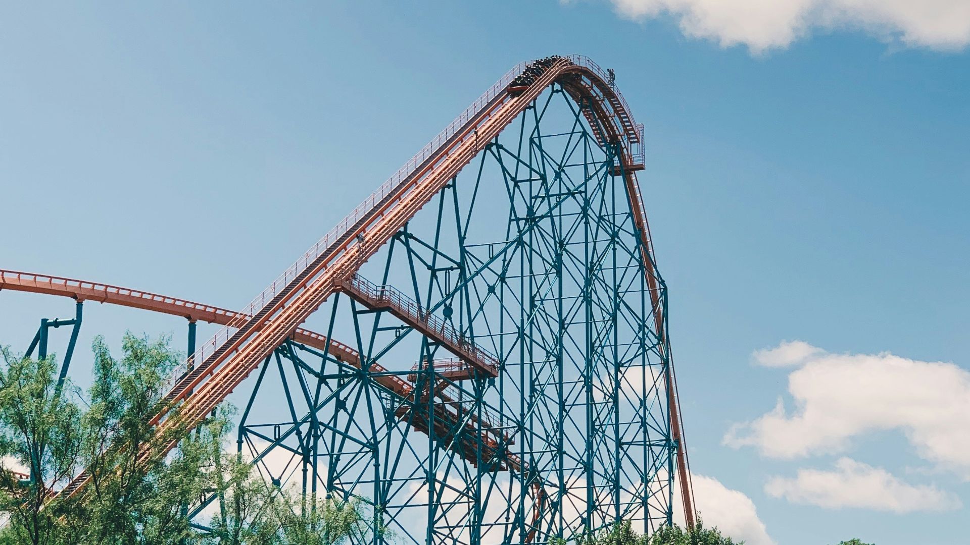 a roller coaster with trees and people below